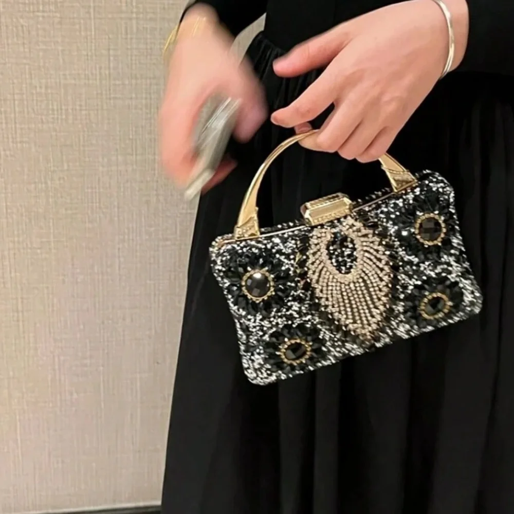 Embellished Black Crystal Evening Clutch with Gold Handle
